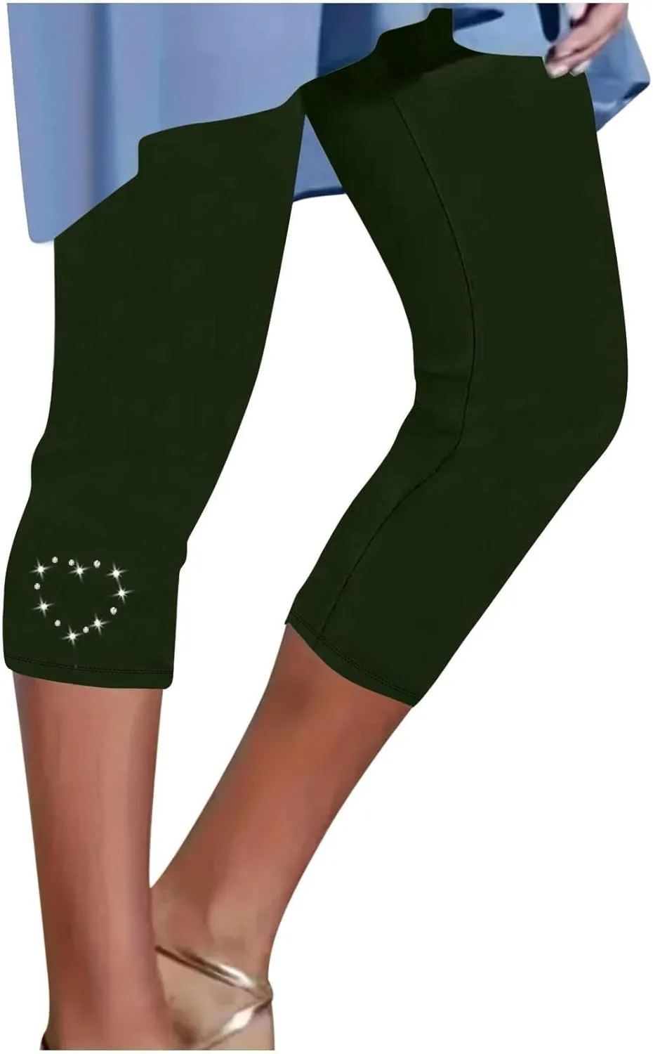 Capri Leggings for Women Rhinestone High Waist Capris Pants Tummy Control Knee Length Slim Fit Yoga Cropped Trouser