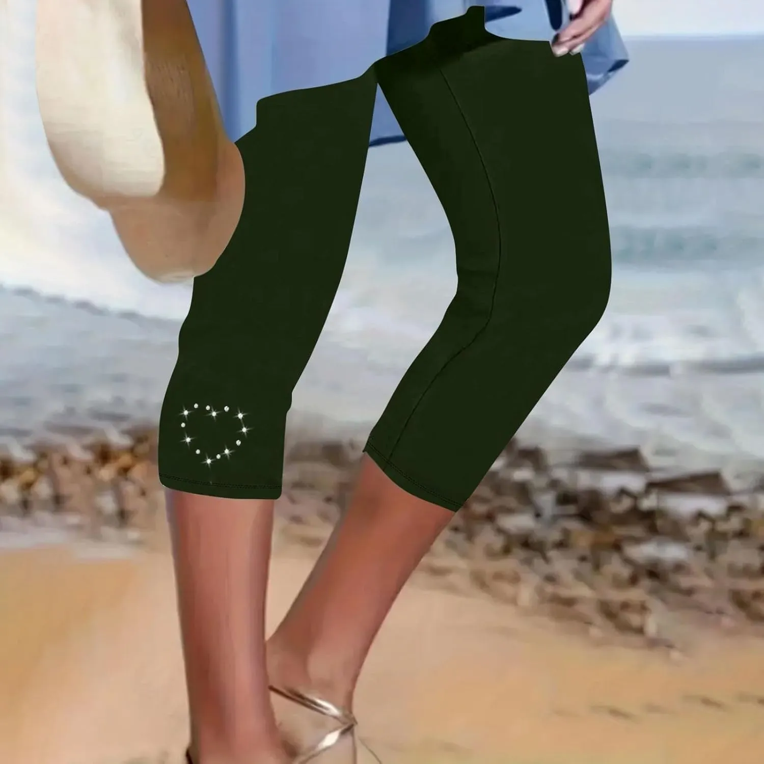 Capri Leggings for Women Rhinestone High Waist Capris Pants Tummy Control Knee Length Slim Fit Yoga Cropped Trouser