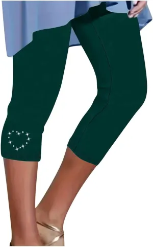 Capri Leggings for Women Rhinestone High Waist Capris Pants Tummy Control Knee Length Slim Fit Yoga Cropped Trouser