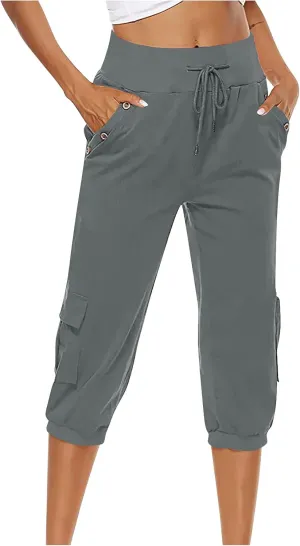 Capri Linen Pants for Women High Waisted Capris Plus Size Cropped Trousers Drawstring Summer Pants with Pockets