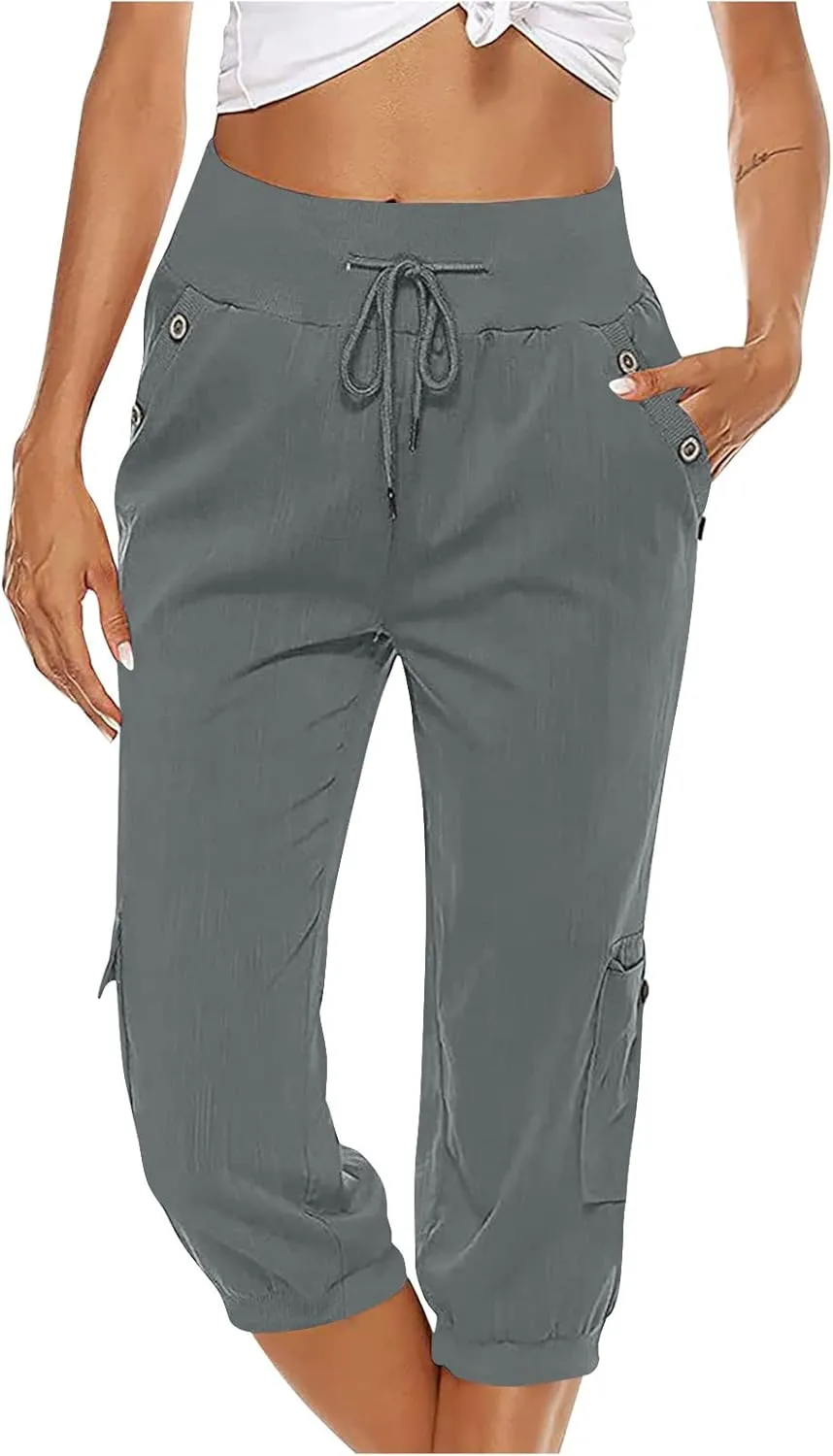 Capri Linen Pants for Women High Waisted Capris Plus Size Cropped Trousers Drawstring Summer Pants with Pockets