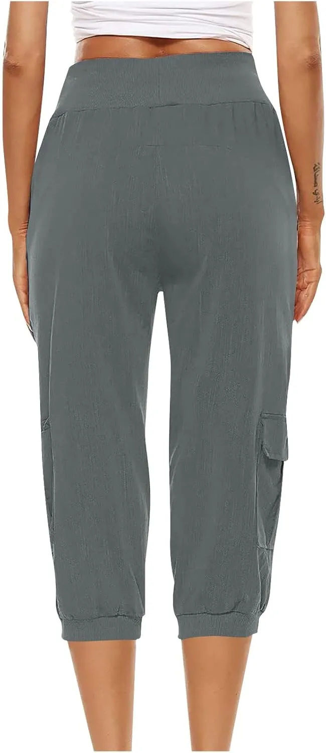 Capri Linen Pants for Women High Waisted Capris Plus Size Cropped Trousers Drawstring Summer Pants with Pockets