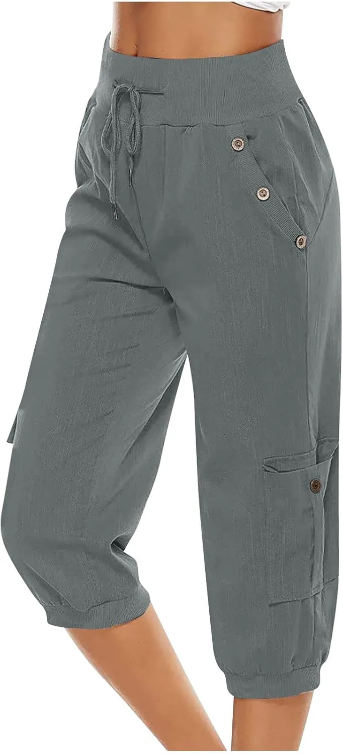 Capri Linen Pants for Women High Waisted Capris Plus Size Cropped Trousers Drawstring Summer Pants with Pockets