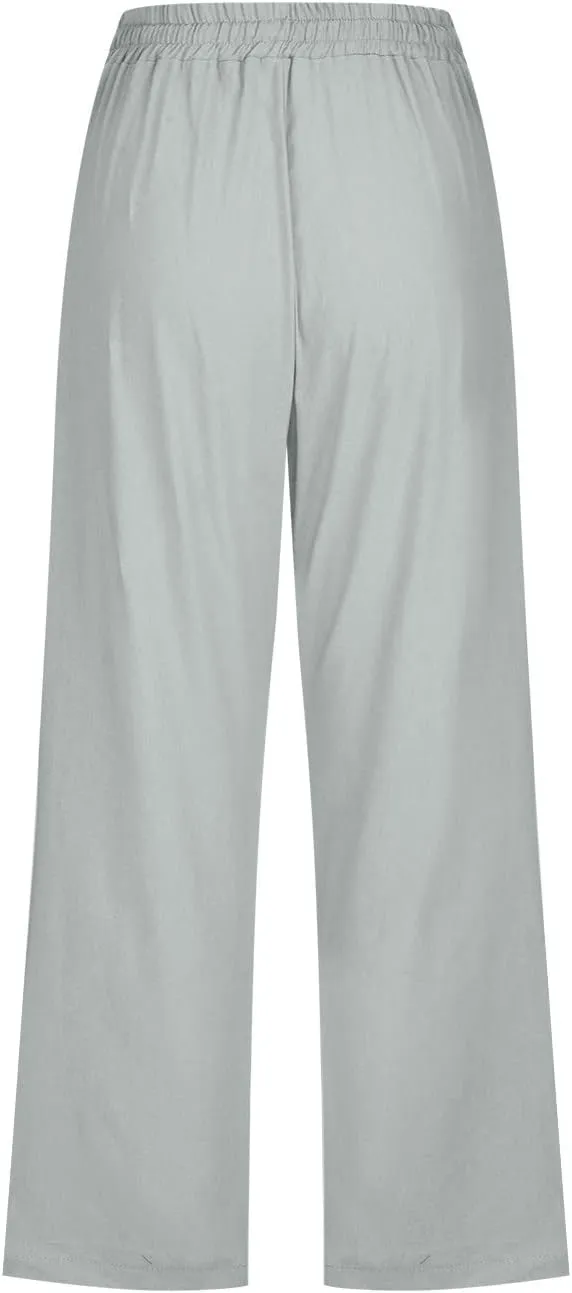 Capri Pants for Women Casual 2024 Summer High Waist Drawstring Linen Pant Loose Lightweight Crop Trousers with Pocket
