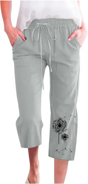 Capri Pants for Women Casual 2024 Summer High Waist Drawstring Linen Pant Loose Lightweight Crop Trousers with Pocket
