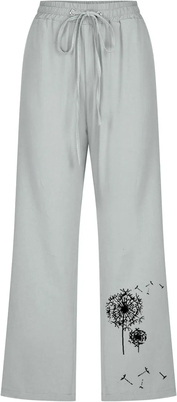 Capri Pants for Women Casual 2024 Summer High Waist Drawstring Linen Pant Loose Lightweight Crop Trousers with Pocket