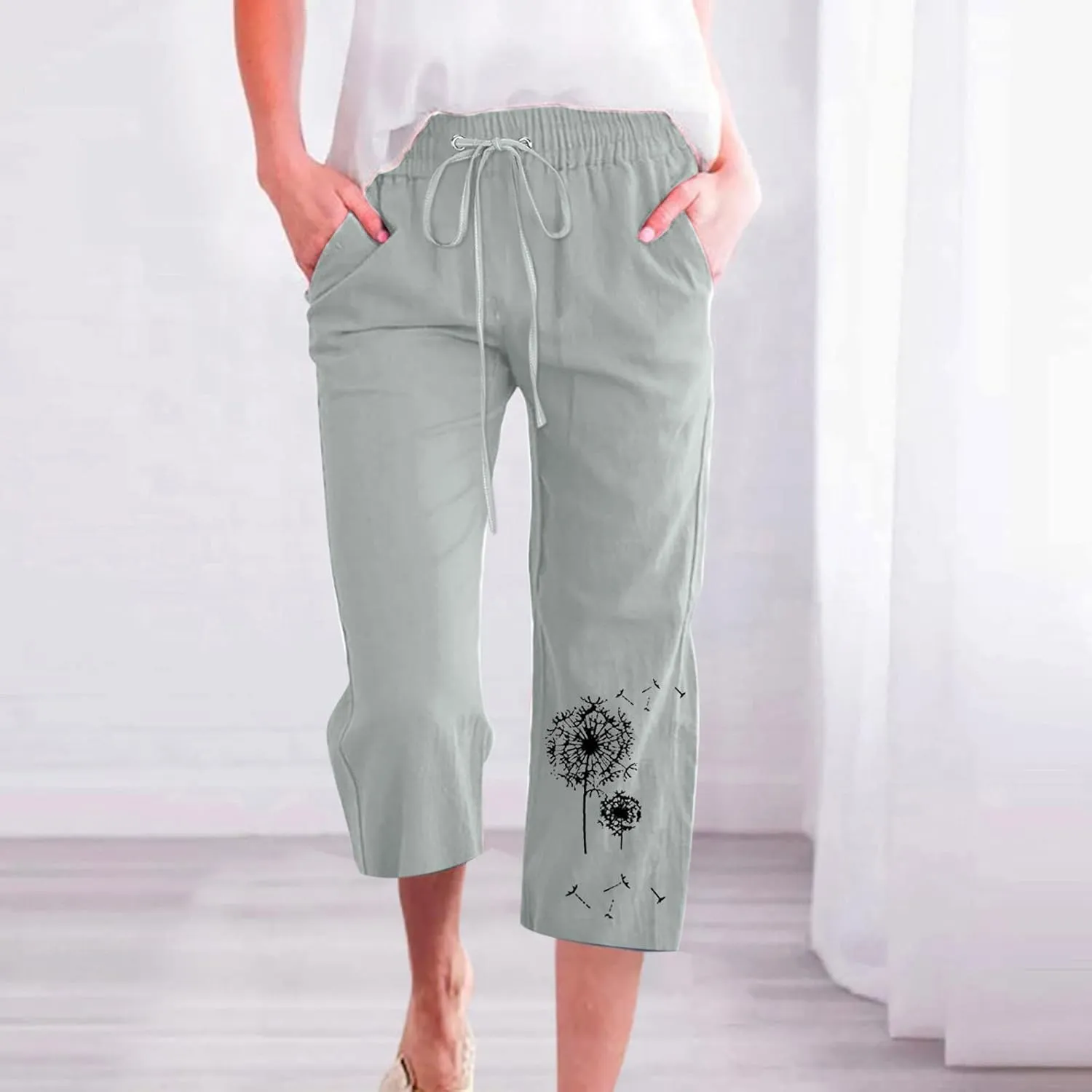 Capri Pants for Women Casual 2024 Summer High Waist Drawstring Linen Pant Loose Lightweight Crop Trousers with Pocket