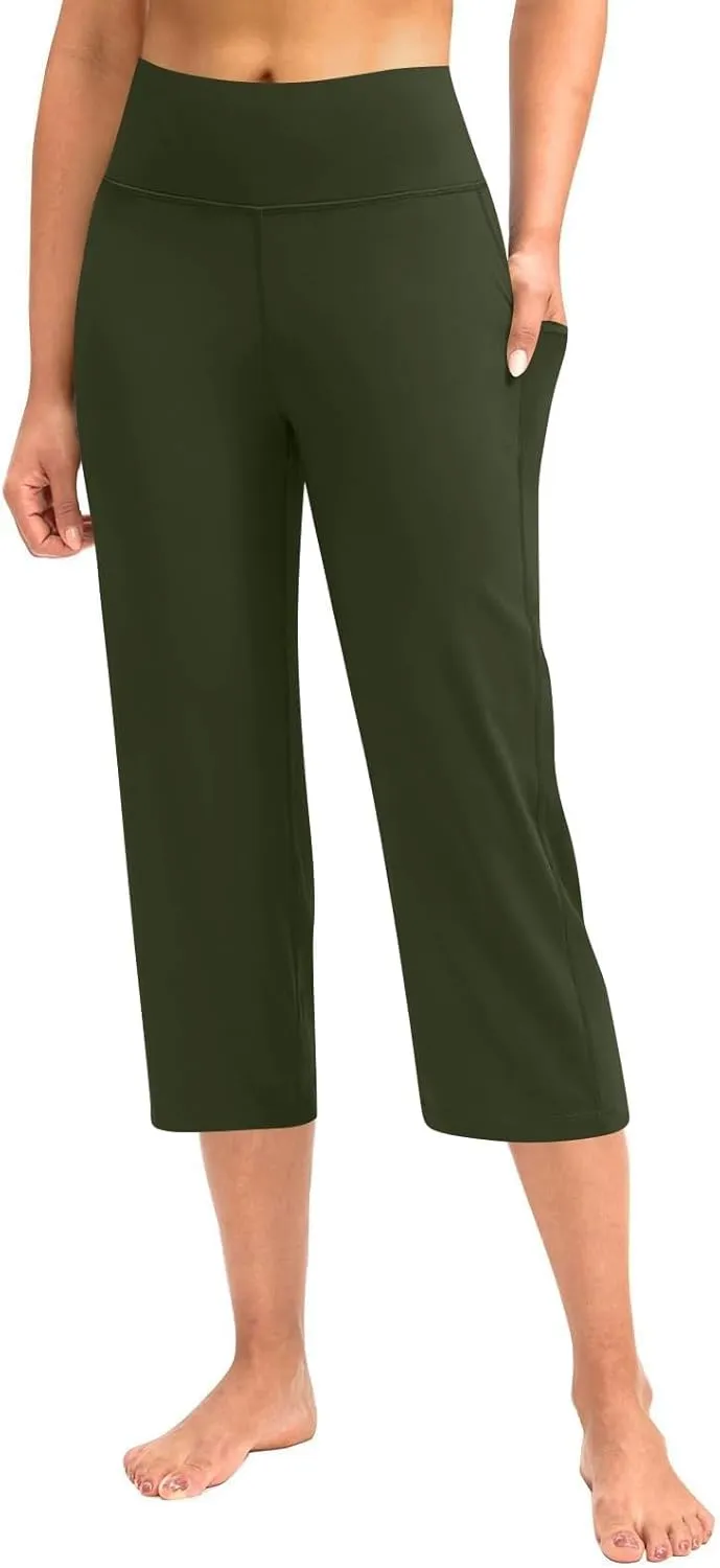 Capri Pants for Women High Waist Workout Yoga Pants with Pockets Tummy Control Crop Athletic Straight Trousers