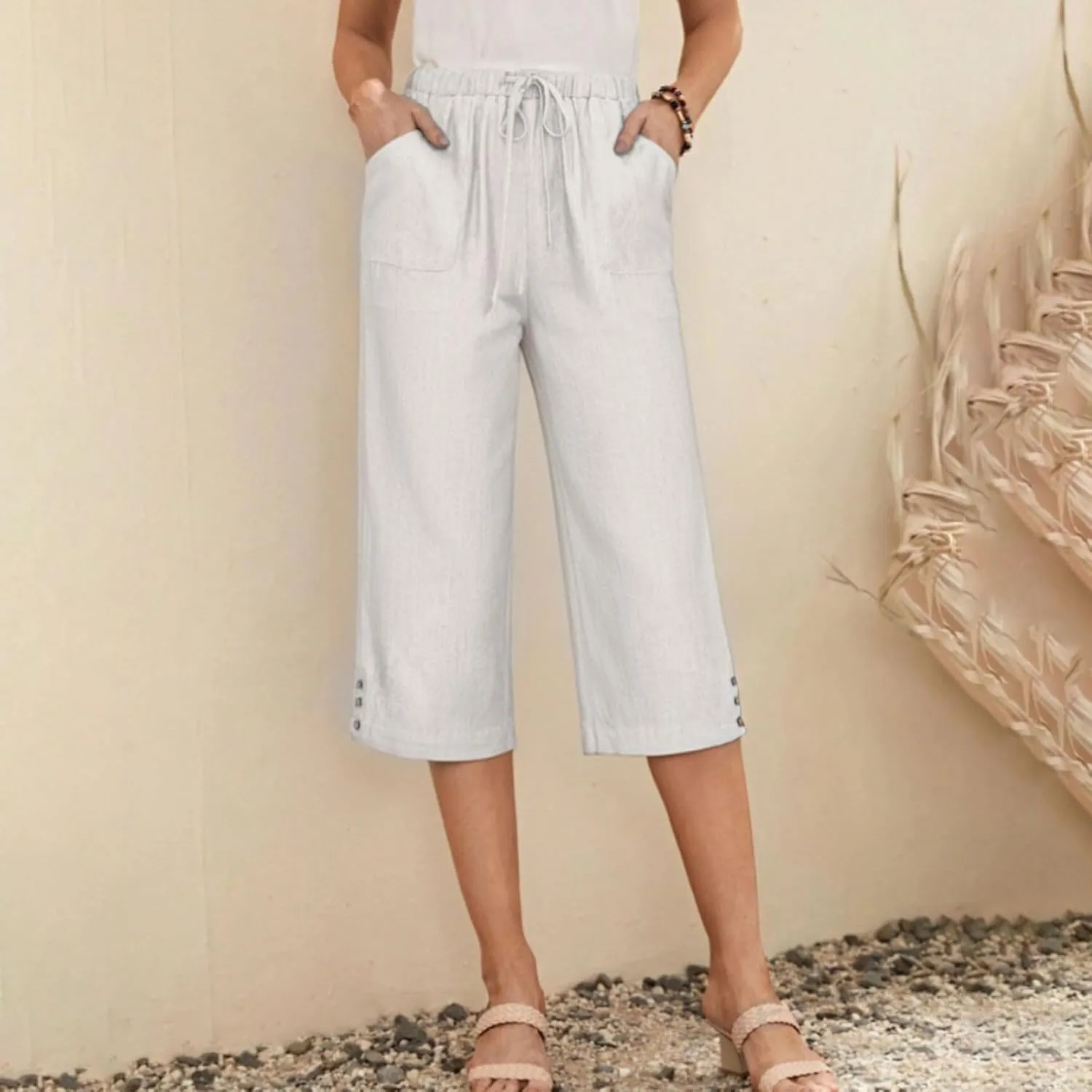 Capri Pants for Women Knee Length Cotton Linen Capris Cropped Trousers Summer Loose Fit Beach Bermuda Shorts Pockets