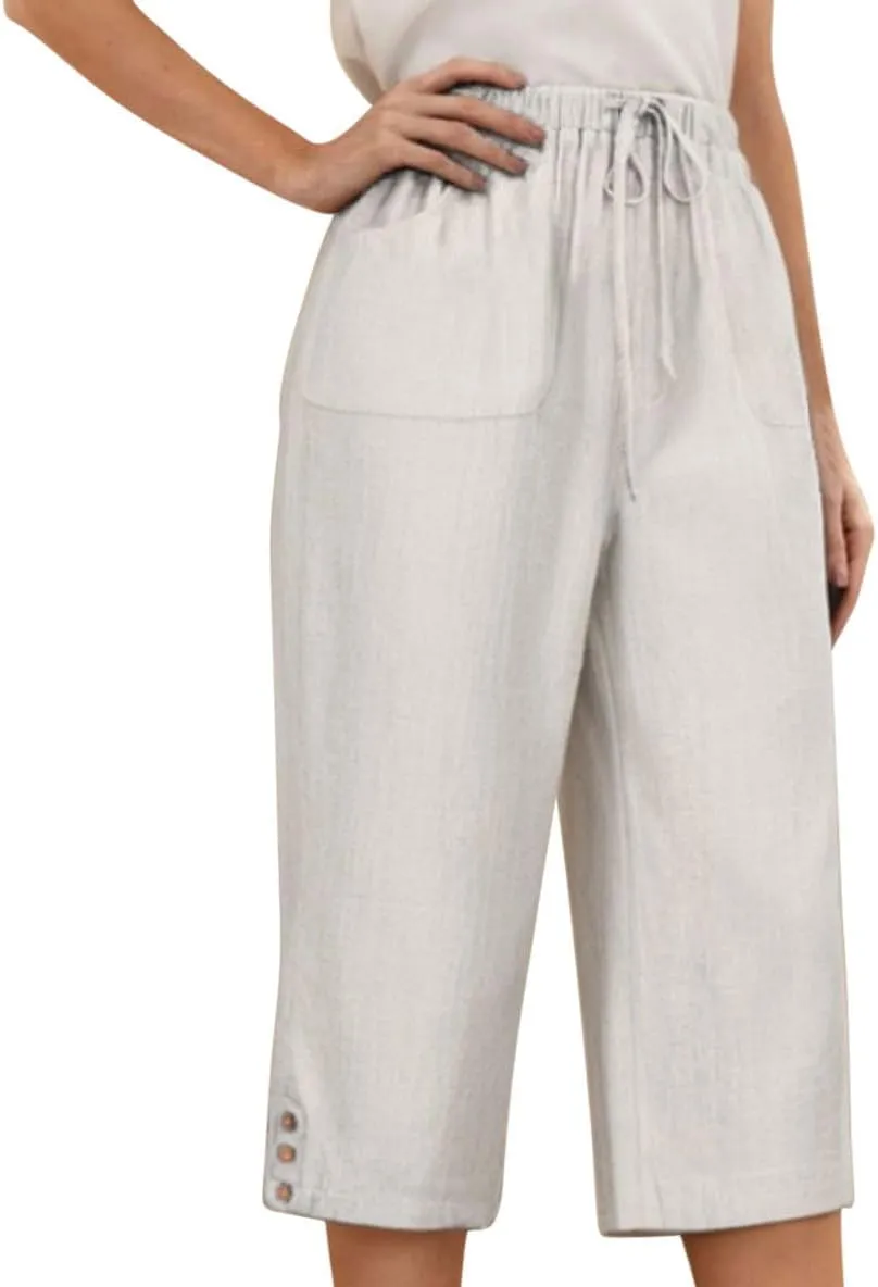 Capri Pants for Women Knee Length Cotton Linen Capris Cropped Trousers Summer Loose Fit Beach Bermuda Shorts Pockets