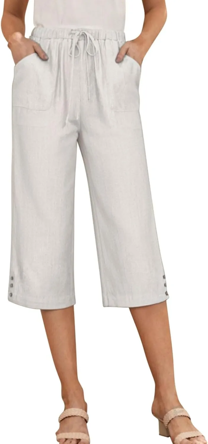 Capri Pants for Women Knee Length Cotton Linen Capris Cropped Trousers Summer Loose Fit Beach Bermuda Shorts Pockets