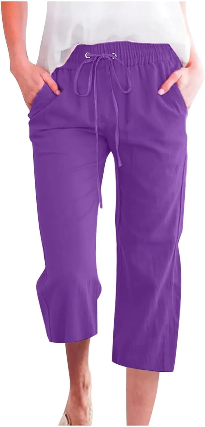 Capri Pants for Women Linen Casual High Waist Pant 2025 Summer Wide Leg Drawstring Elastic Plus Size Lounge Trouser
