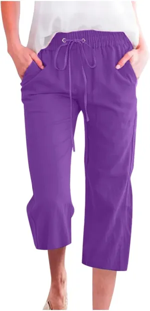 Capri Pants for Women Linen Casual High Waist Pant 2025 Summer Wide Leg Drawstring Elastic Plus Size Lounge Trouser