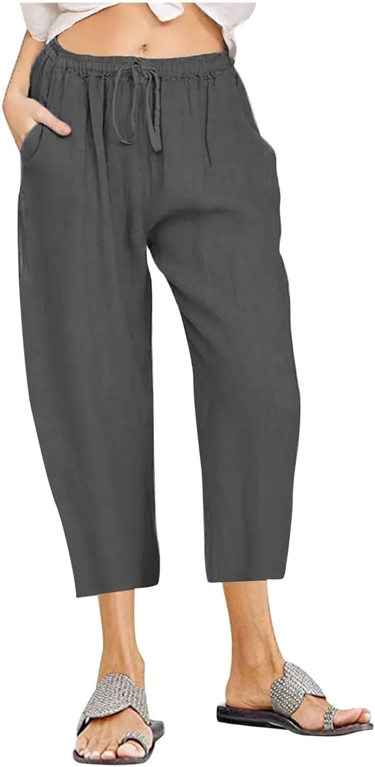 Capri Pants for Women Summer Cotton Linen Capris Drawstring Elastic High Waist Pants Wide Leg Cropped Trouser