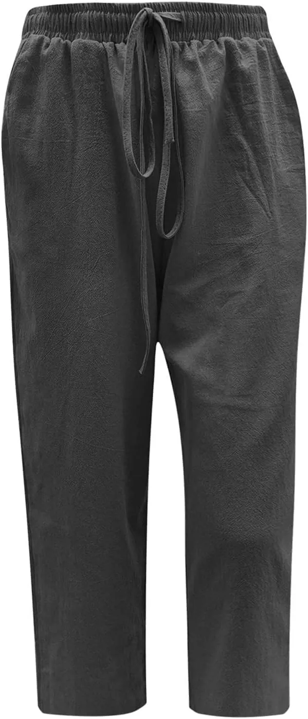 Capri Pants for Women Summer Cotton Linen Capris Drawstring Elastic High Waist Pants Wide Leg Cropped Trouser