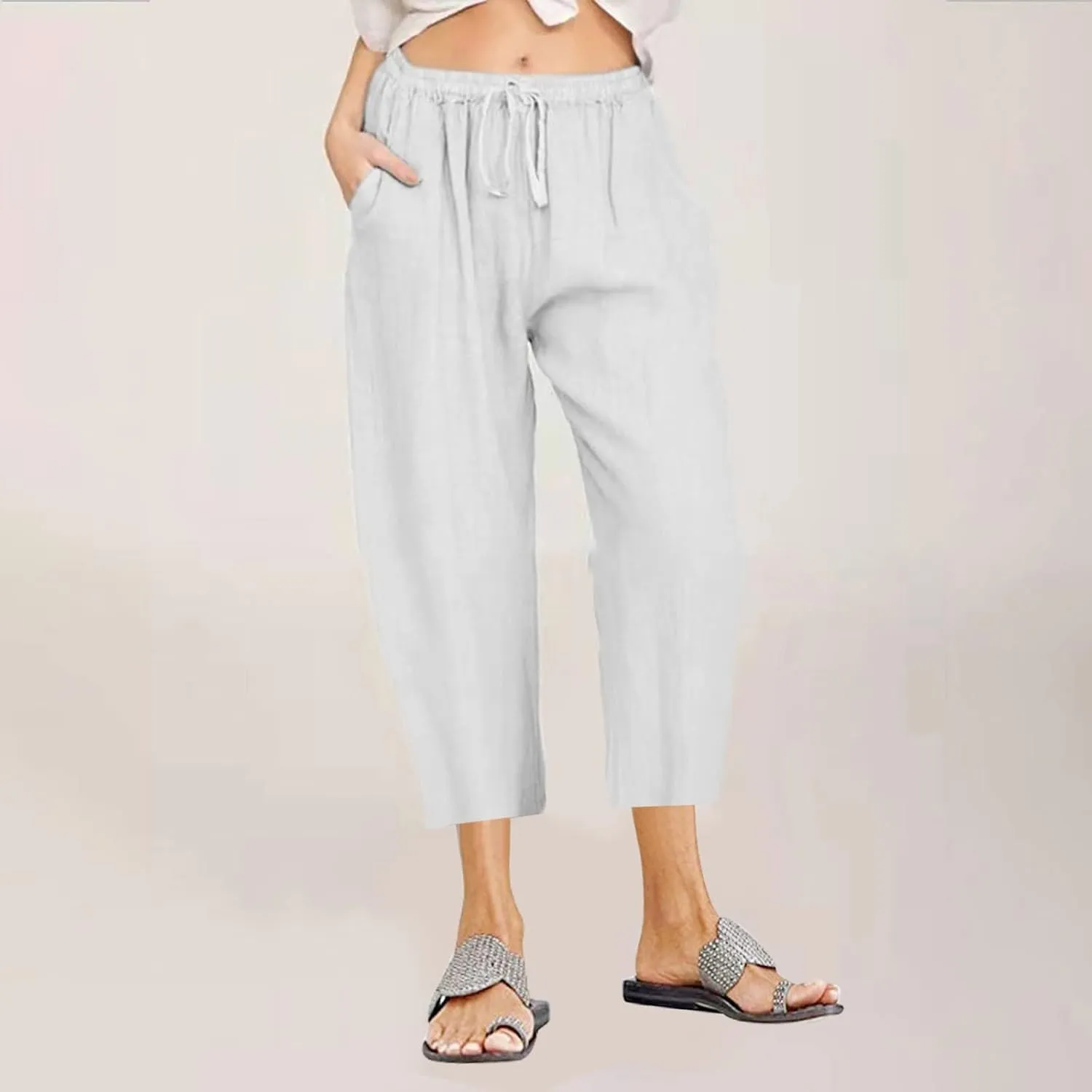 Capri Pants for Women Summer Drawstring Elastic High Waist Cotton Linen Wide Leg Trouser, Small-5X-Large