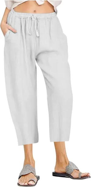 Capri Pants for Women Summer Drawstring Elastic High Waist Cotton Linen Wide Leg Trouser, Small-5X-Large