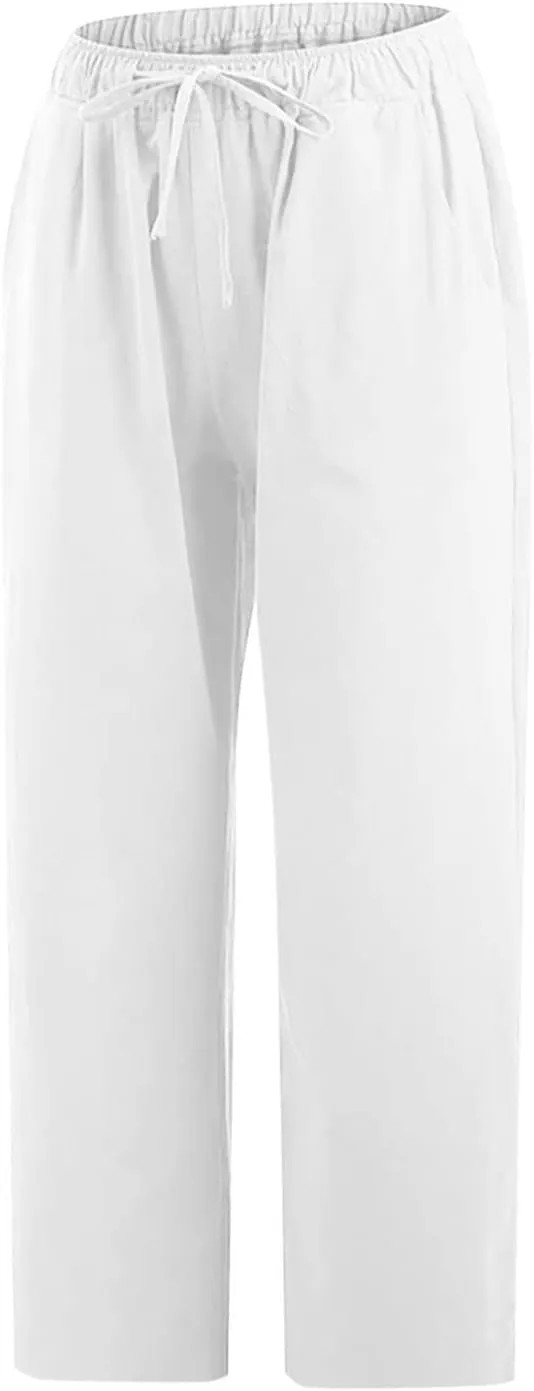 Capri Pants for Women Summer Drawstring Elastic High Waist Cotton Linen Wide Leg Trouser, Small-5X-Large