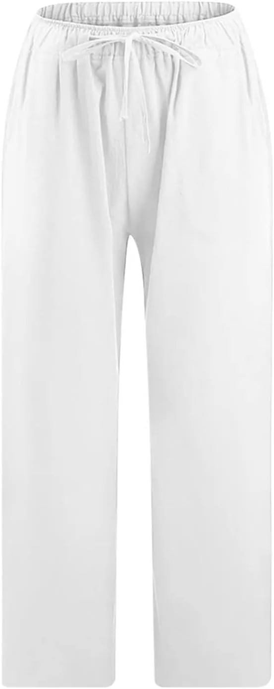 Capri Pants for Women Summer Drawstring Elastic High Waist Cotton Linen Wide Leg Trouser, Small-5X-Large