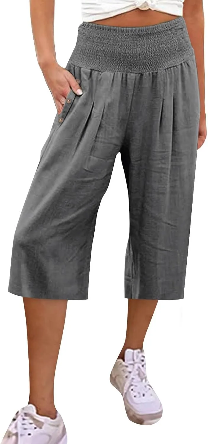 Capri Pants for Women, Wide Leg with Pockets High Waist Tummy Control