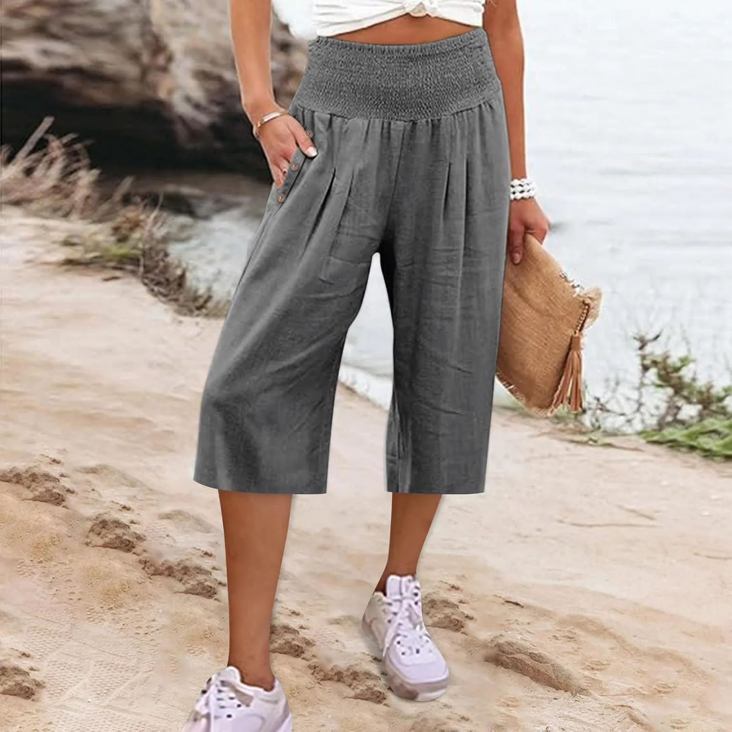 Capri Pants for Women, Wide Leg with Pockets High Waist Tummy Control