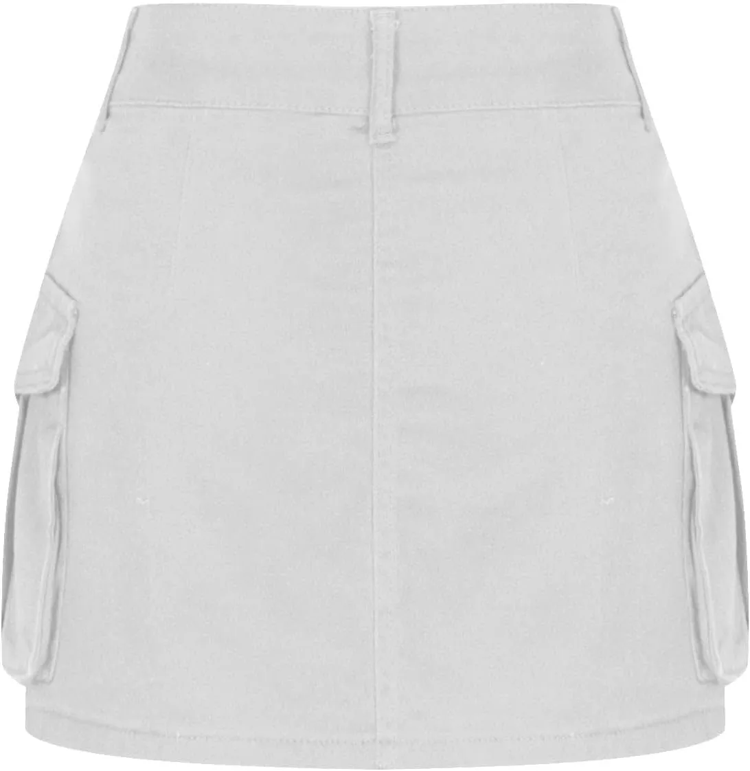 Cargo Denim Skirt Womens Summer Casual Skort Elastic High Waisted Short Mini Y2k Jean Skirts Flap Pockets Streetwear