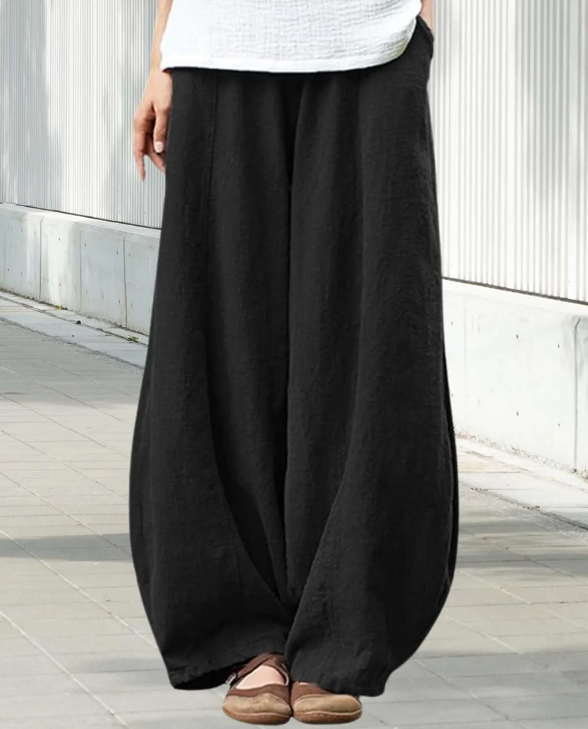 Cargo Japanese Pants for Women Cotton Linen Wide Leg Pants Casual Summer Boho Baggy Lantern Trouser with Pockets