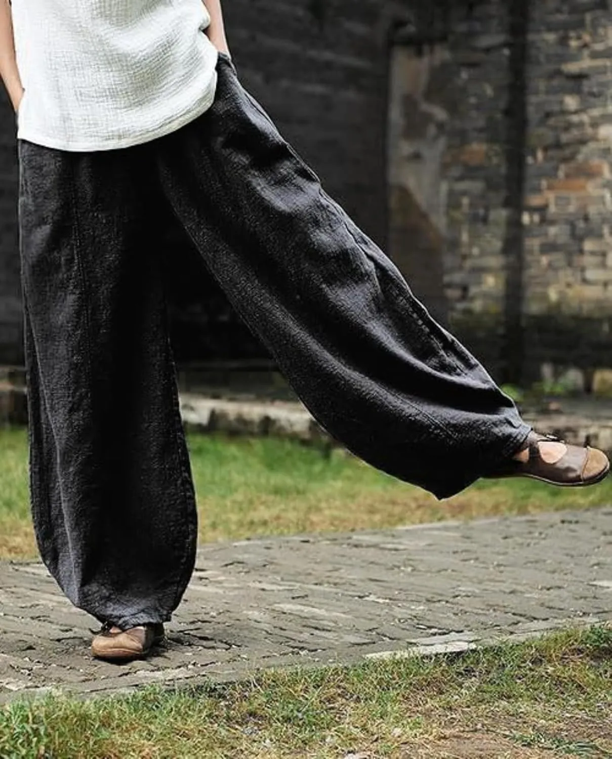 Cargo Japanese Pants for Women Cotton Linen Wide Leg Pants Casual Summer Boho Baggy Lantern Trouser with Pockets