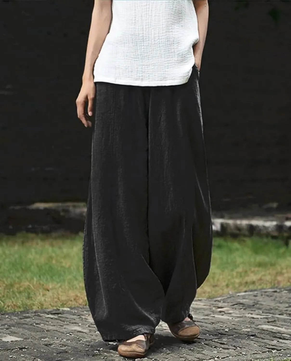 Cargo Japanese Pants for Women Cotton Linen Wide Leg Pants Casual Summer Boho Baggy Lantern Trouser with Pockets