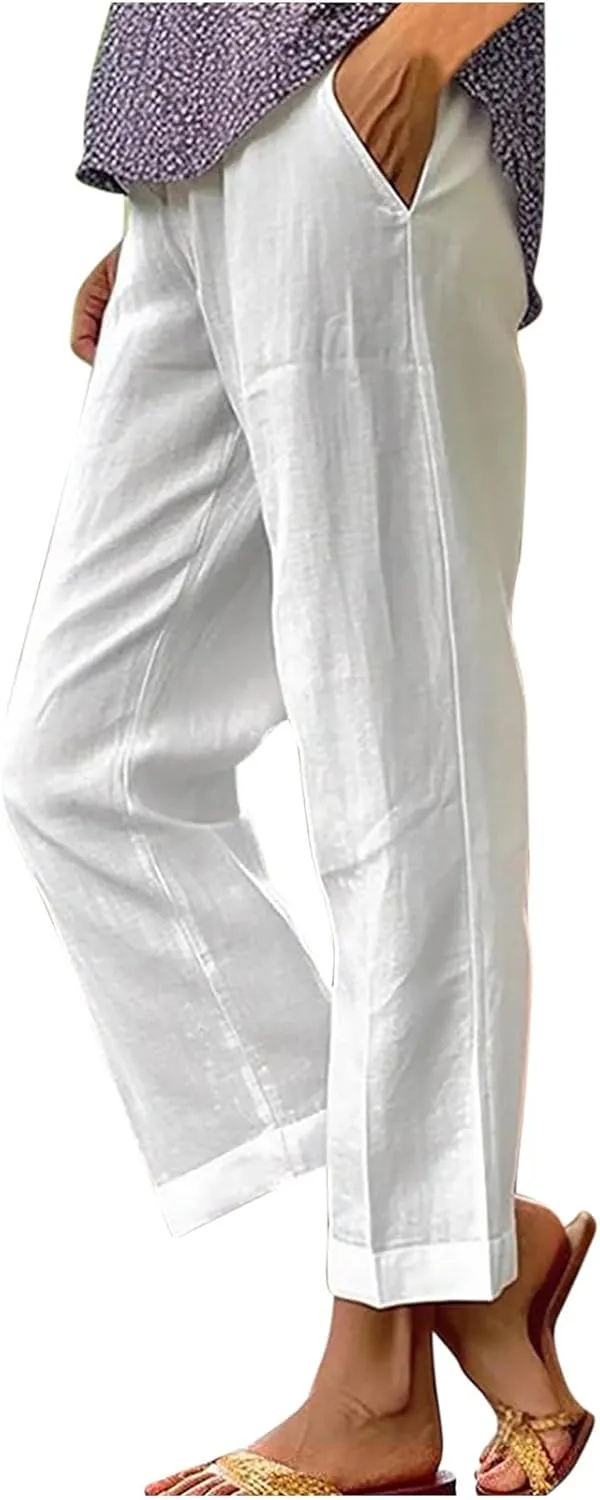 Casual Linen Pant for Women Summer Wide Leg Cotton Linen Pants 2025 Loose High Waisted Trousers with Pockets