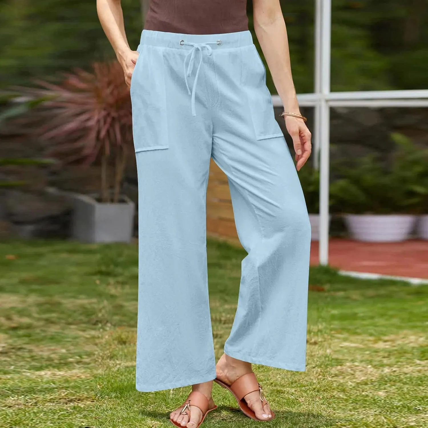 Casual Linen Pants Women Summer Flowy Palazzo Wide Leg Slacks Loose Comfy High Waisted Trousers with Pockets