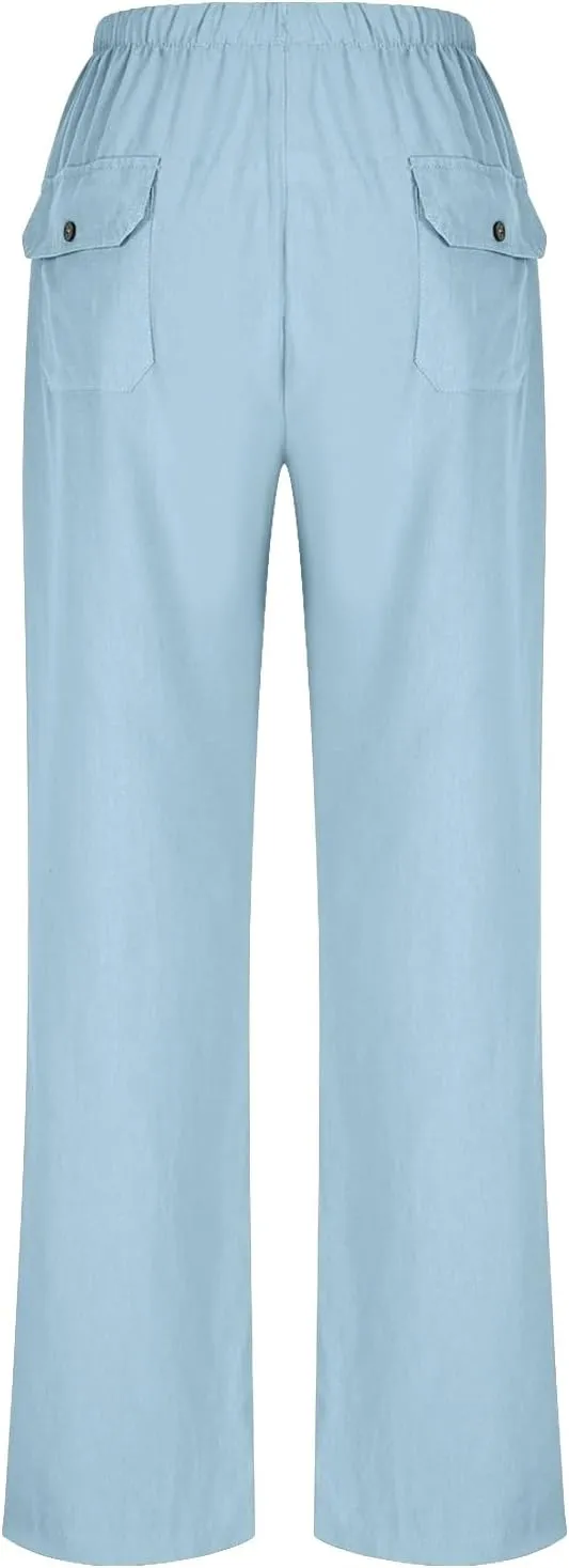 Casual Linen Pants Women Summer Flowy Palazzo Wide Leg Slacks Loose Comfy High Waisted Trousers with Pockets