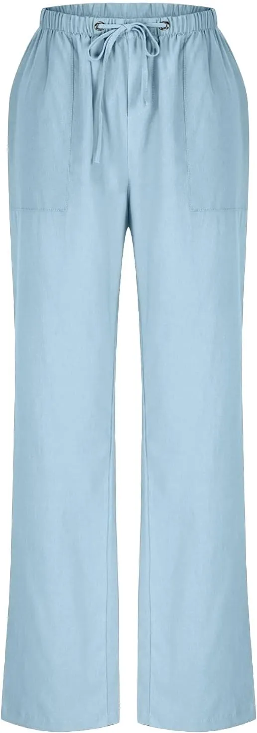 Casual Linen Pants Women Summer Flowy Palazzo Wide Leg Slacks Loose Comfy High Waisted Trousers with Pockets