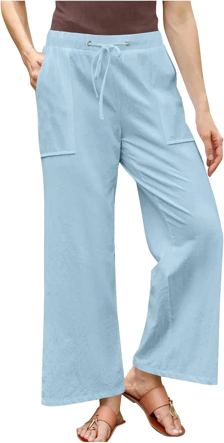 Casual Linen Pants Women Summer Flowy Palazzo Wide Leg Slacks Loose Comfy High Waisted Trousers with Pockets