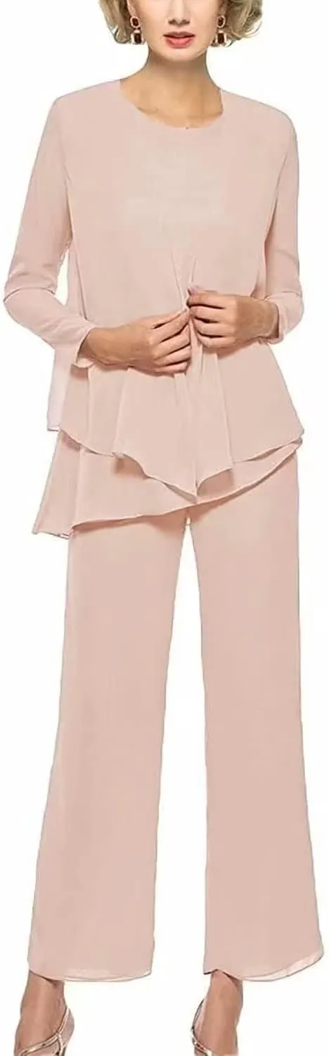 Chiffon Mother of The Bride Pant Suits for Women 3Pcs Wedding Pants Suits for Women Dressy Elegant