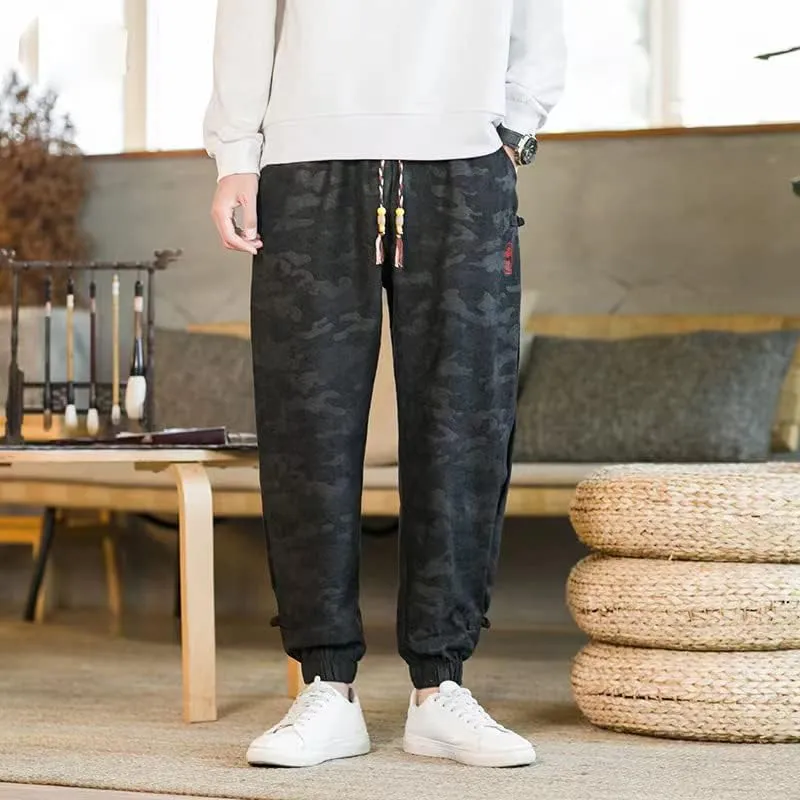 Chinese Style Black Camo Harem Pants, Casual Joggers, Tai Chi Kung Fu Jogging Male