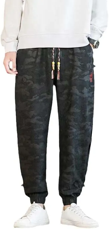 Chinese Style Black Camo Harem Pants, Casual Joggers, Tai Chi Kung Fu Jogging Male