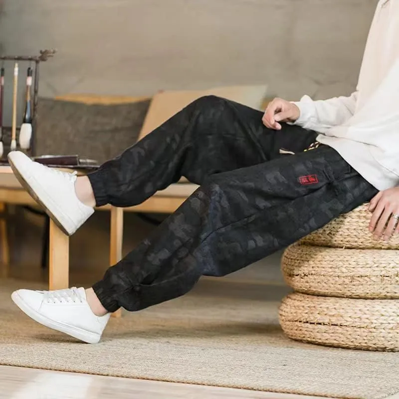Chinese Style Black Camo Harem Pants, Casual Joggers, Tai Chi Kung Fu Jogging Male