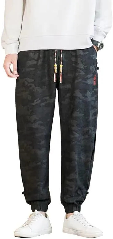 Chinese Style Black Camo Harem Pants, Casual Joggers, Tai Chi Kung Fu Jogging Male