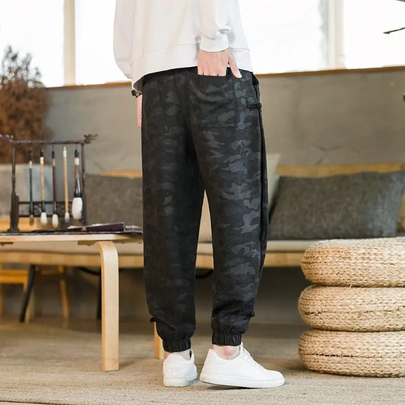 Chinese Style Black Camo Harem Pants, Casual Joggers, Tai Chi Kung Fu Jogging Male