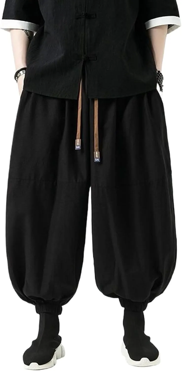 Chinese Style Men's Loose Harem Pants,Plus Size Retro Cotton-Linen Lantern Pants for Men