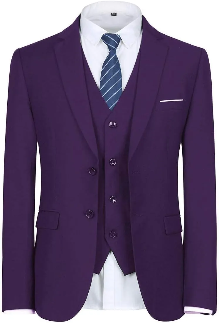Cloudstyle Men's 3-Piece 2 Buttons Slim Fit Solid Color Jacket Smart Wedding Formal Suit