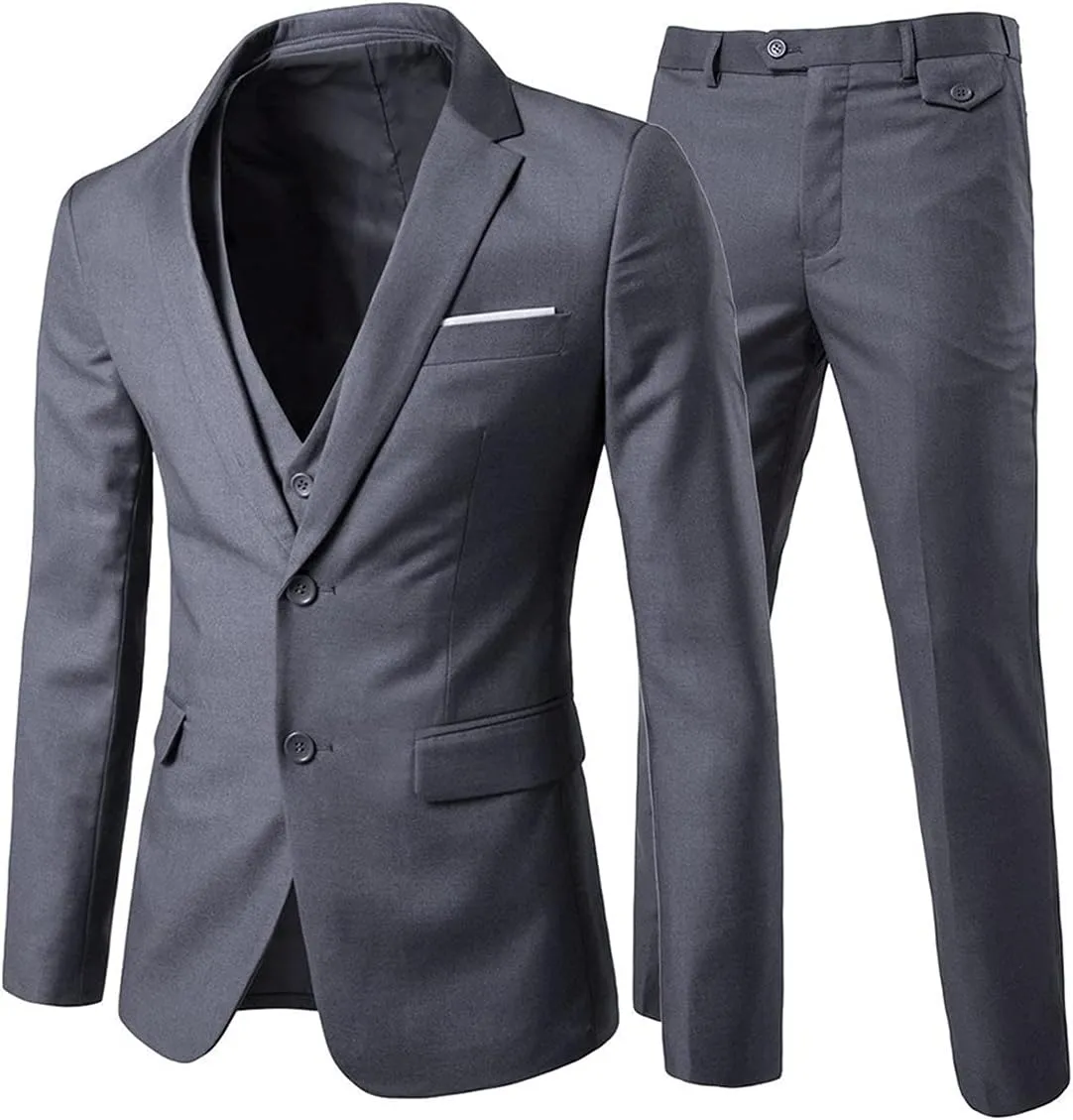 Cloudstyle Men's 3-Piece 2 Buttons Slim Fit Solid Color Jacket Smart Wedding Formal Suit
