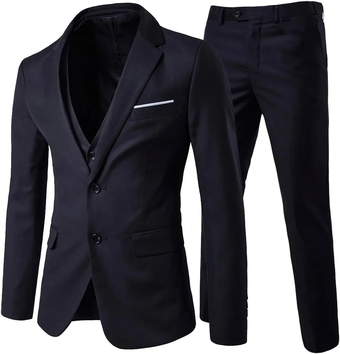 Cloudstyle Men's 3-Piece 2 Buttons Slim Fit Solid Color Jacket Smart Wedding Formal Suit
