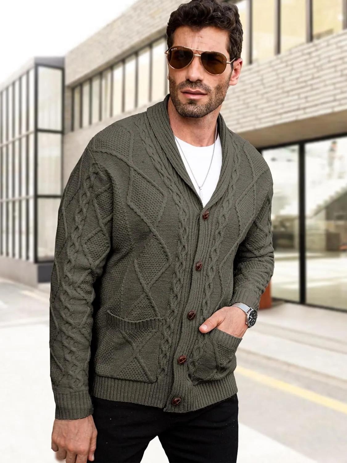 Comdecevis Mens Shawl Collar Cardigan Sweater Cable Knit Button Down Long Sleeve Casual Knitwear with Pockets