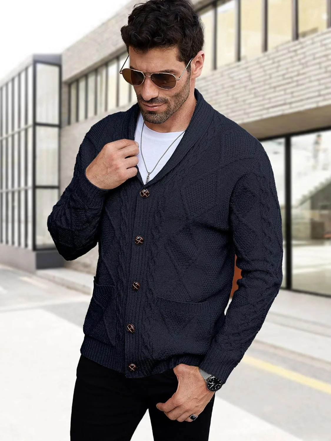 Comdecevis Mens Shawl Collar Cardigan Sweater Cable Knit Button Down Long Sleeve Casual Knitwear with Pockets