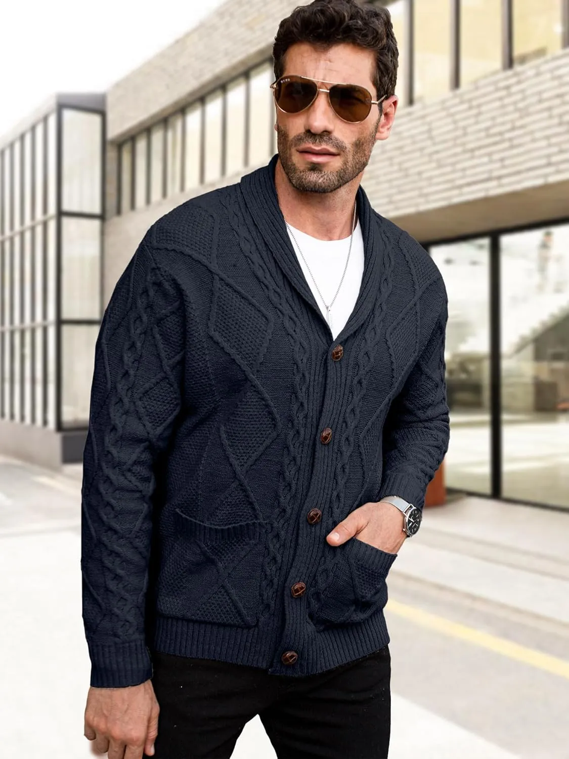 Comdecevis Mens Shawl Collar Cardigan Sweater Cable Knit Button Down Long Sleeve Casual Knitwear with Pockets