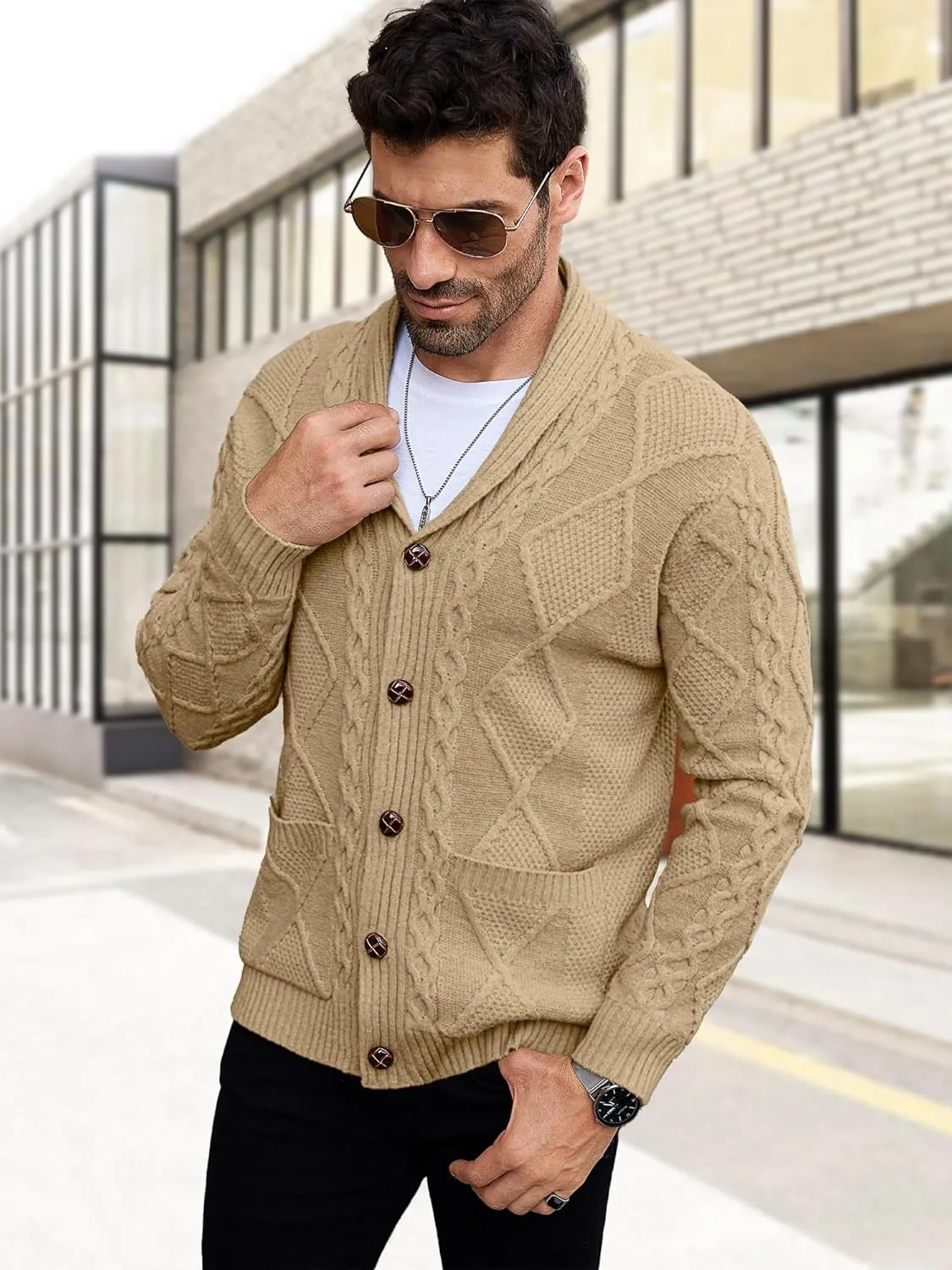 Comdecevis Mens Shawl Collar Cardigan Sweater Cable Knit Button Down Long Sleeve Casual Knitwear with Pockets