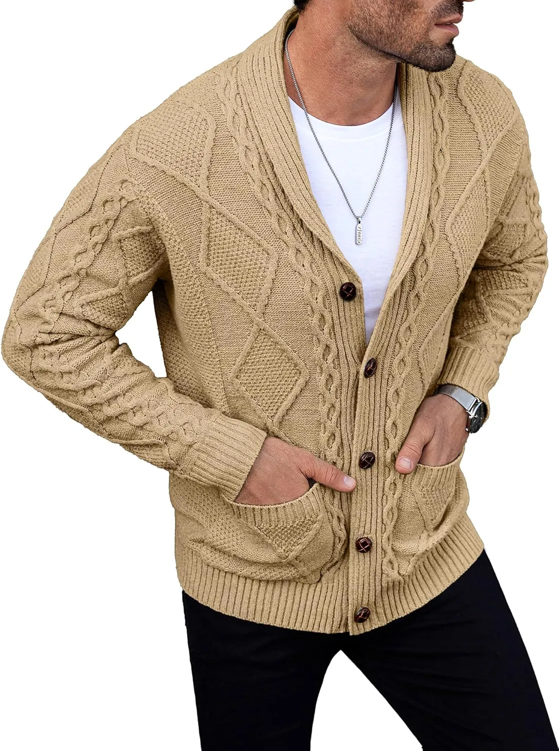 Comdecevis Mens Shawl Collar Cardigan Sweater Cable Knit Button Down Long Sleeve Casual Knitwear with Pockets
