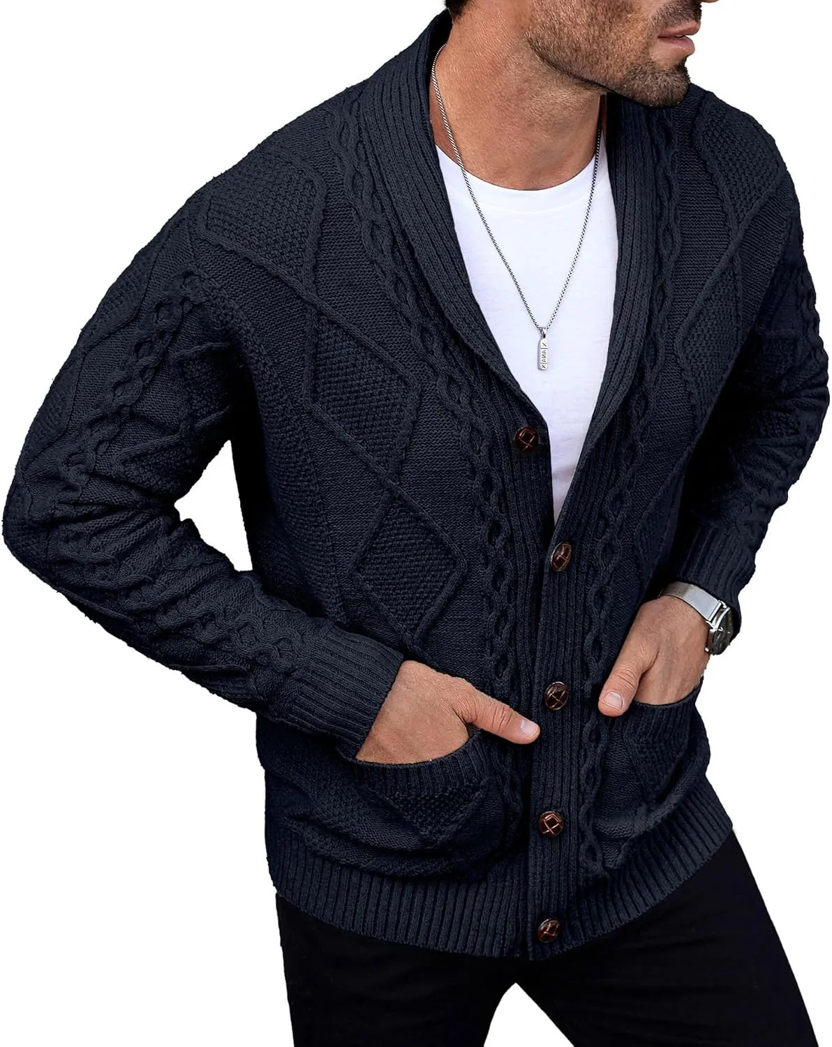 Comdecevis Mens Shawl Collar Cardigan Sweater Cable Knit Button Down Long Sleeve Casual Knitwear with Pockets